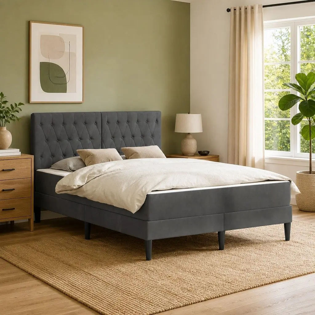 Bed Frame with Integrated Mattress and Velvet Headboard