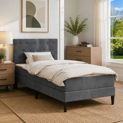 Grey Bed Frame with Mattress 107 x 203 cm Velvet Headboard