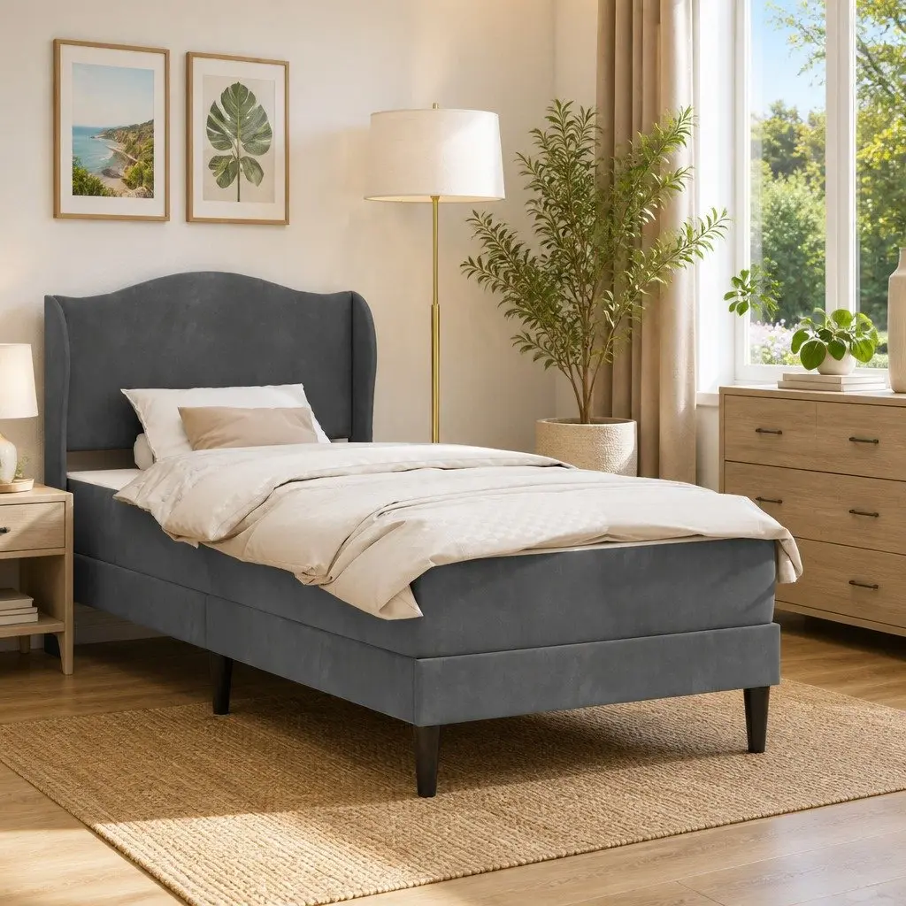 Dark Grey Velvet Upholstered Bed Frame with Headboard