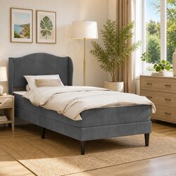 Dark Grey Velvet Upholstered Bed Frame with Headboard
