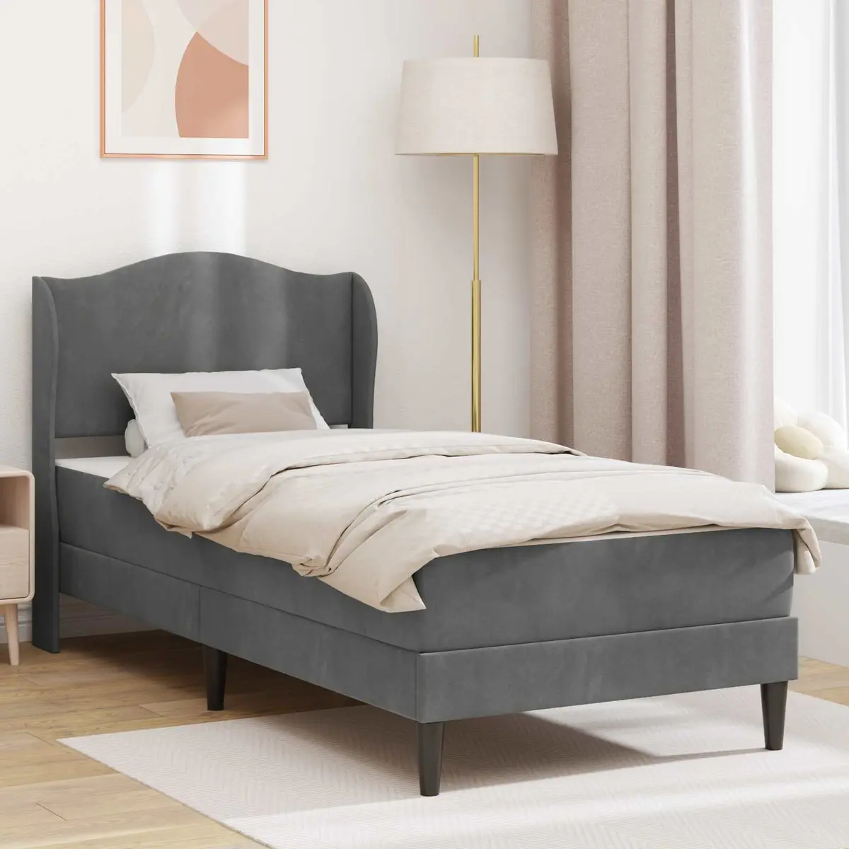 Dark Grey Bed Frame with Headboard 90 x 190 cm