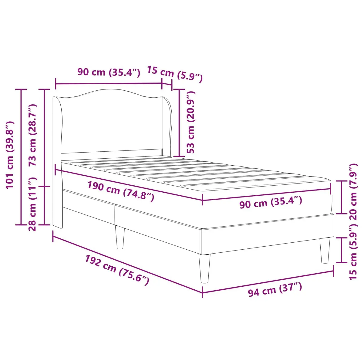 Dark Grey Bed Frame with Headboard 90 x 190 cm