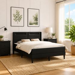 Sturdy Black Bed Frame with Foam Mattress and LED Headboard