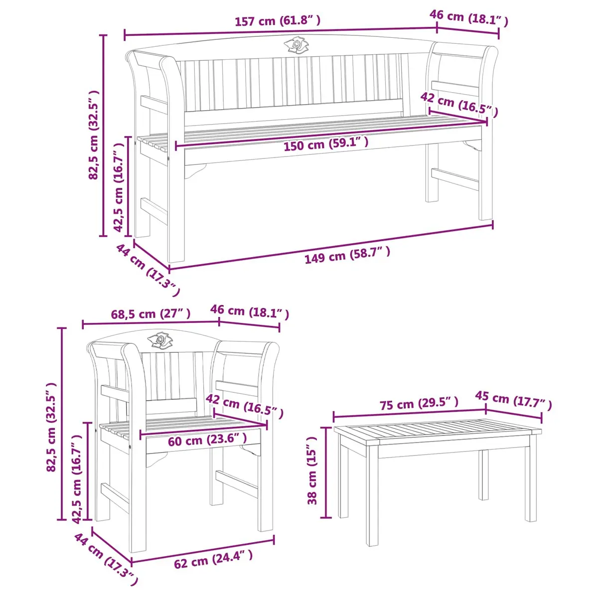 Brown Wood 4-Piece Garden Rose Lounge Set for Patios