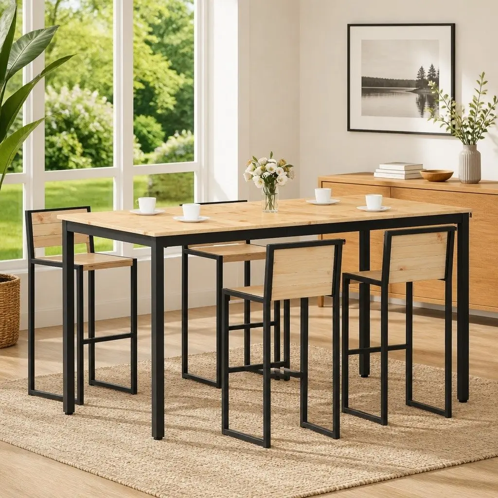 Solid Pine Wood Bar Table with Metal Legs for Dining