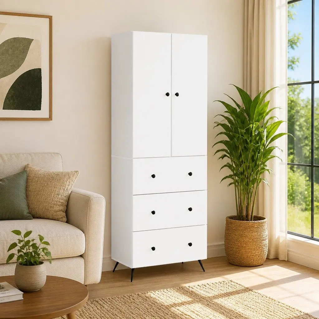 Storage Cabinet Set 2 pcs White 66 x 34.5 x 90 cm Sliding Doors Shelves Drawers