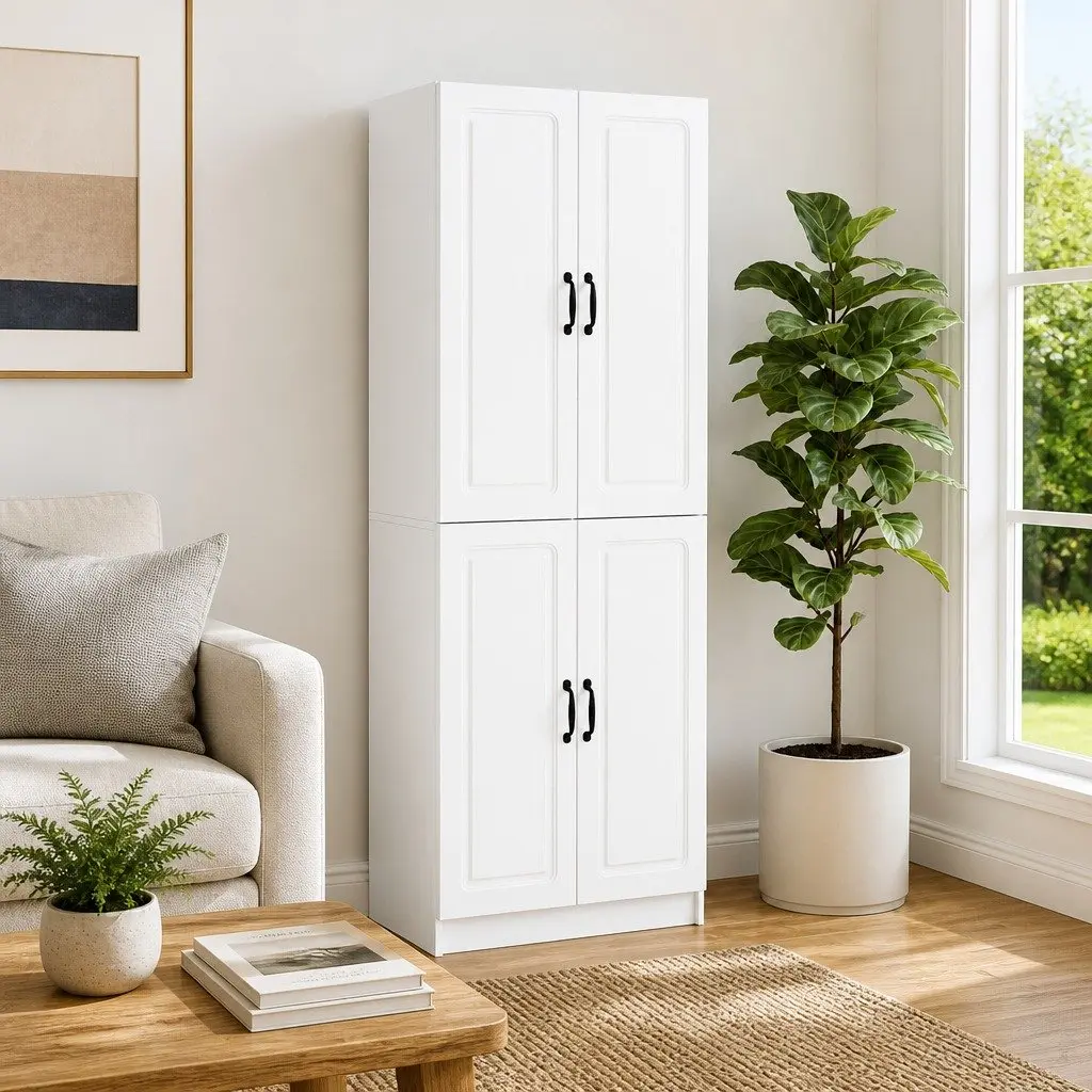 2 Piece Storage Cabinet Set White Engineered Wood Shelves and Compartments