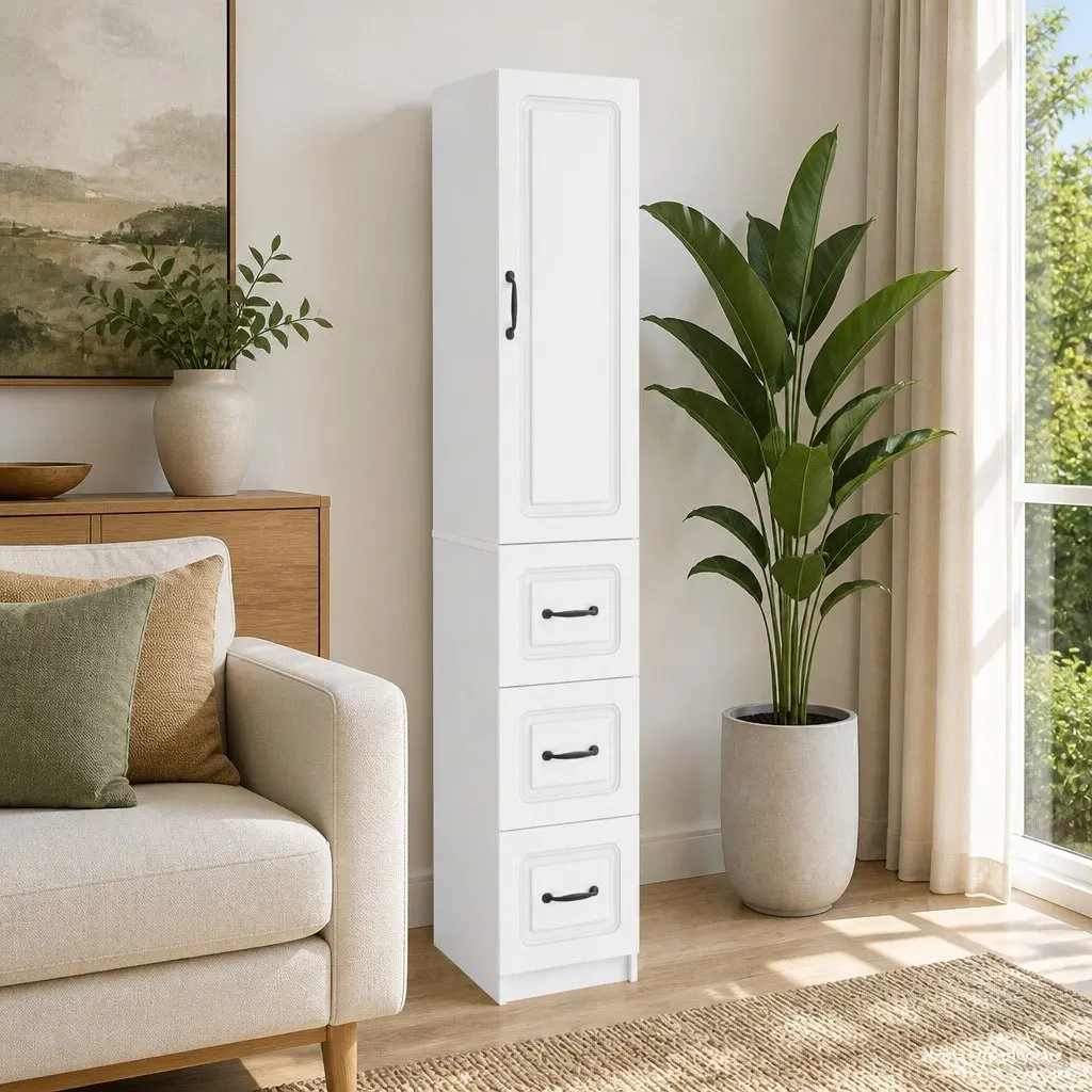 White Storage Cabinet Set with LED Lighting