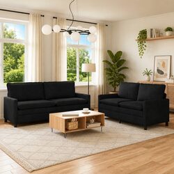Contemporary Black Velvet 2 Piece Sofa Set with Double Cushions