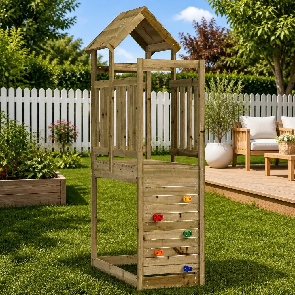 Brown Play Tower for Kids with Slide and Swing