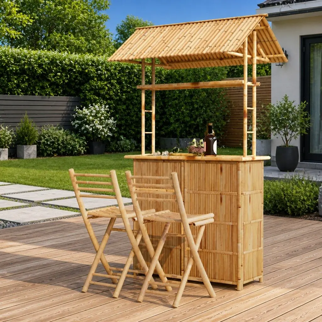 Bamboo Outdoor Furniture Set Tropical Foldable Bar Counter and Chairs 3 Piece Brown Garden Patio