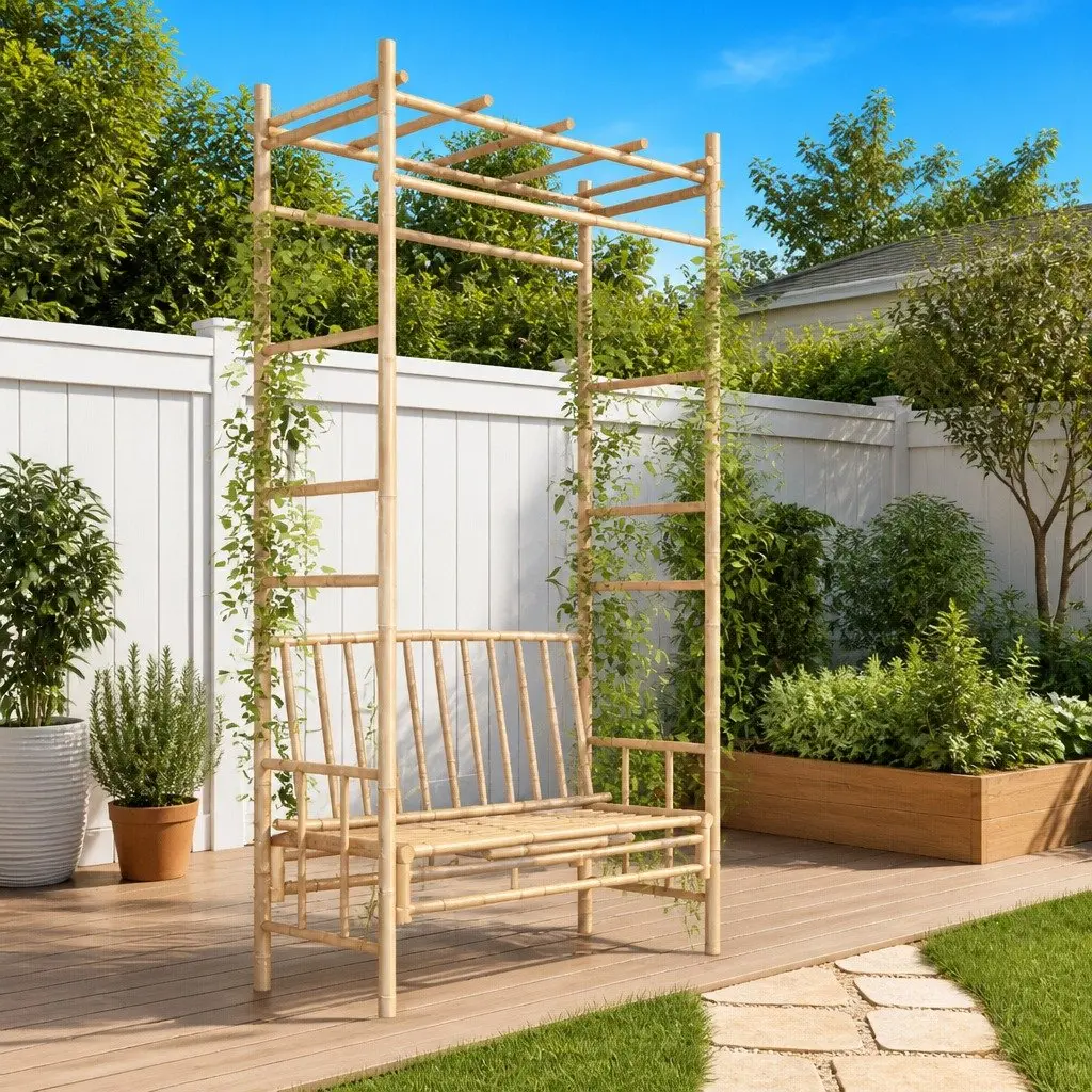 Bamboo Garden Bench with Pergola Trellis