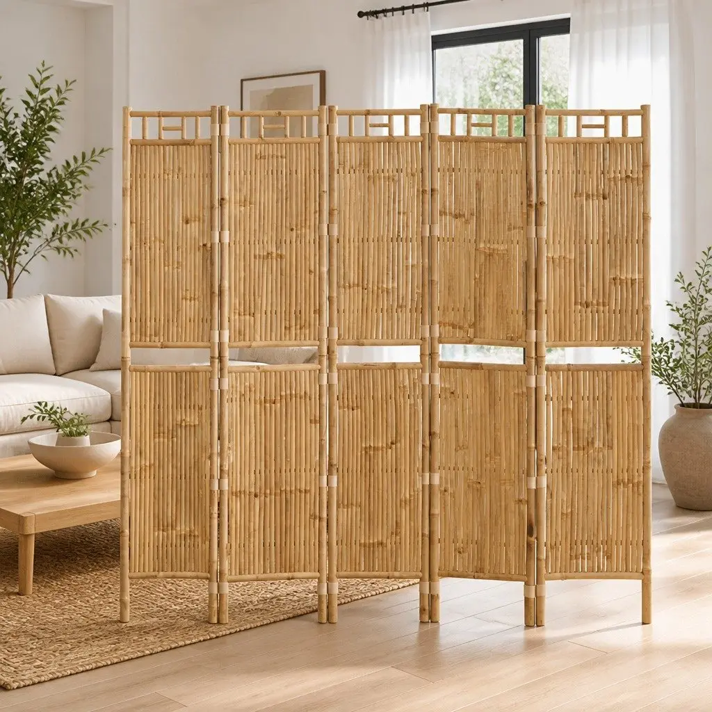 5-Panel Room Divider Bamboo Brown Folding Privacy Screen Partition 200x180cm