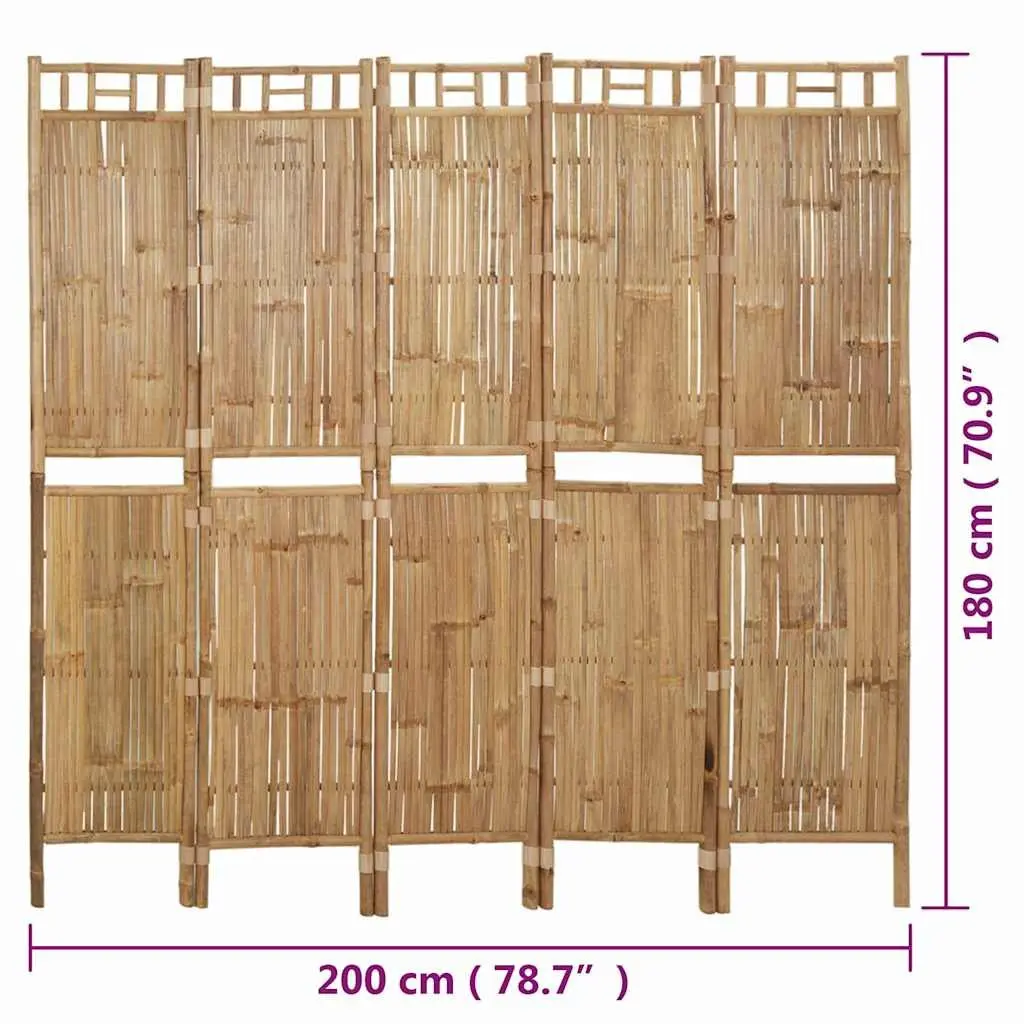 5-Panel Room Divider Bamboo Brown Folding Privacy Screen Partition 200x180cm
