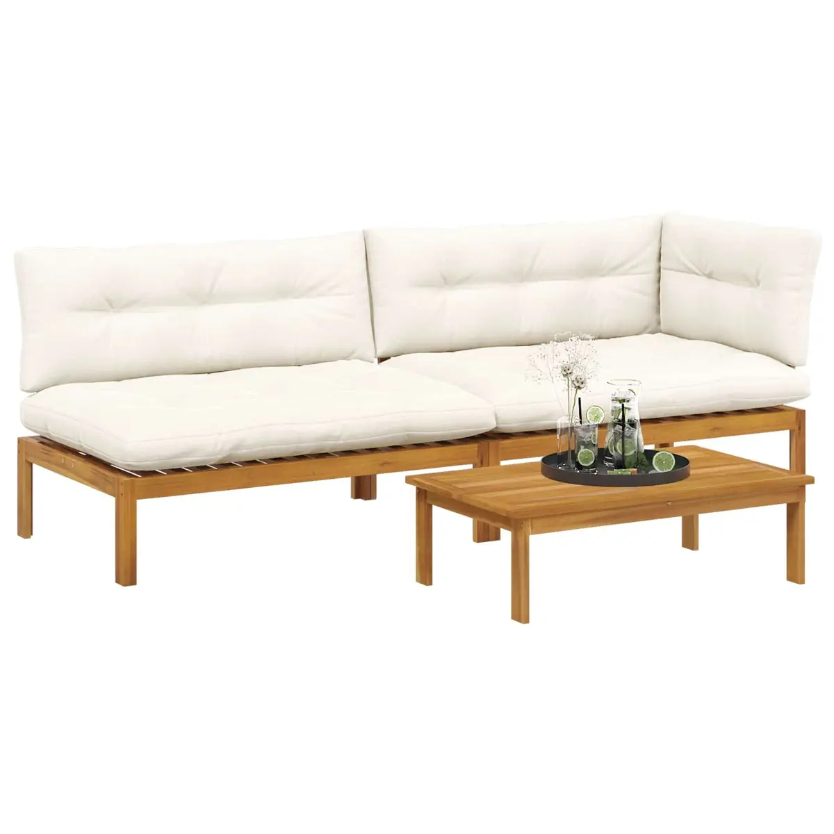 3 Piece Outdoor Sectional Sofa Set Solid Acacia Wood Brown with Foam Padded Cushions and Low Table