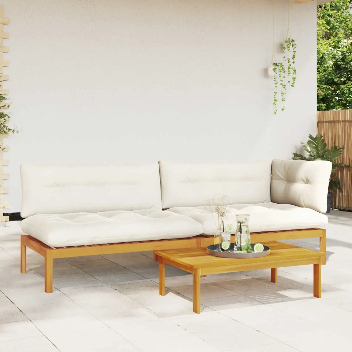 3 Piece Outdoor Sectional Sofa Set Solid Acacia Wood Brown with Foam Padded Cushions and Low Table