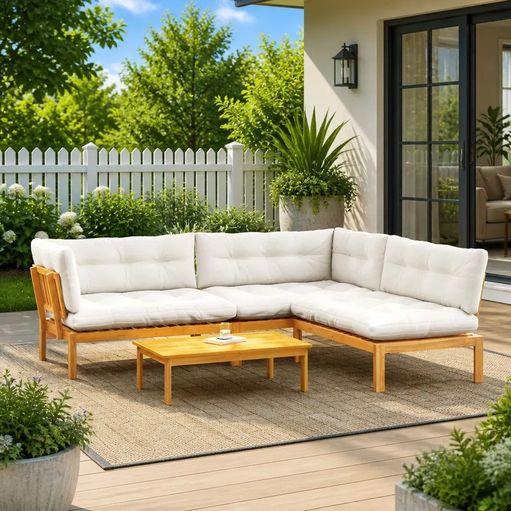 Garden Sofa Set Acacia Wood Brown 4 Piece Outdoor Sectional with Low Table