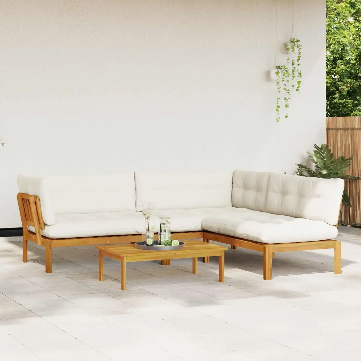 Garden Sofa Set Acacia Wood Brown 4 Piece Outdoor Sectional with Low Table