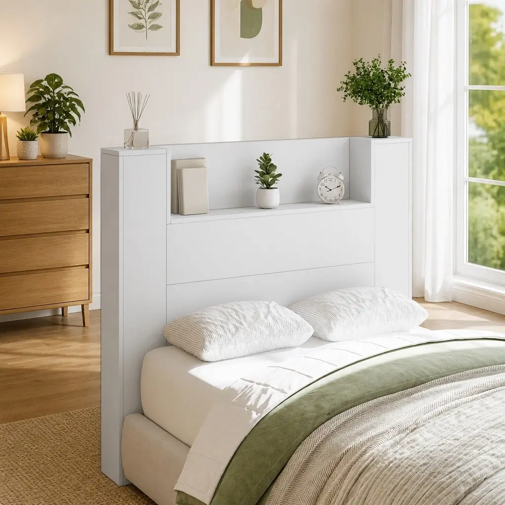 White Storage Headboard with RGB LED Lighting