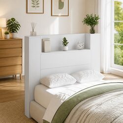 Storage Headboard with RGB LED Lights White Engineered Wood Bedroom Shelf