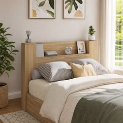 Storage Headboard with LED Lights Brown Engineered Wood Bedroom Shelf