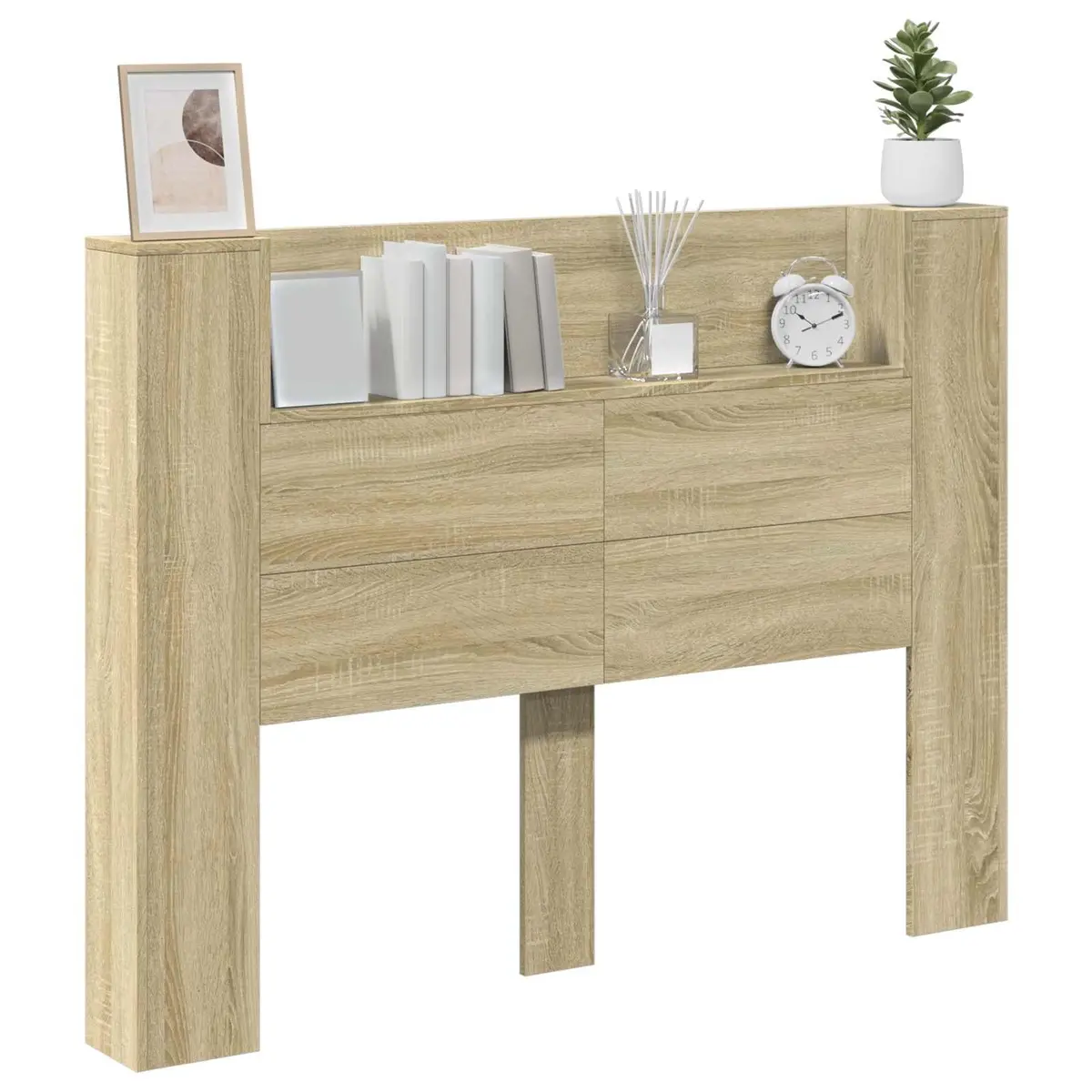 Brown Engineered Wood Storage Headboard with LED Lighting