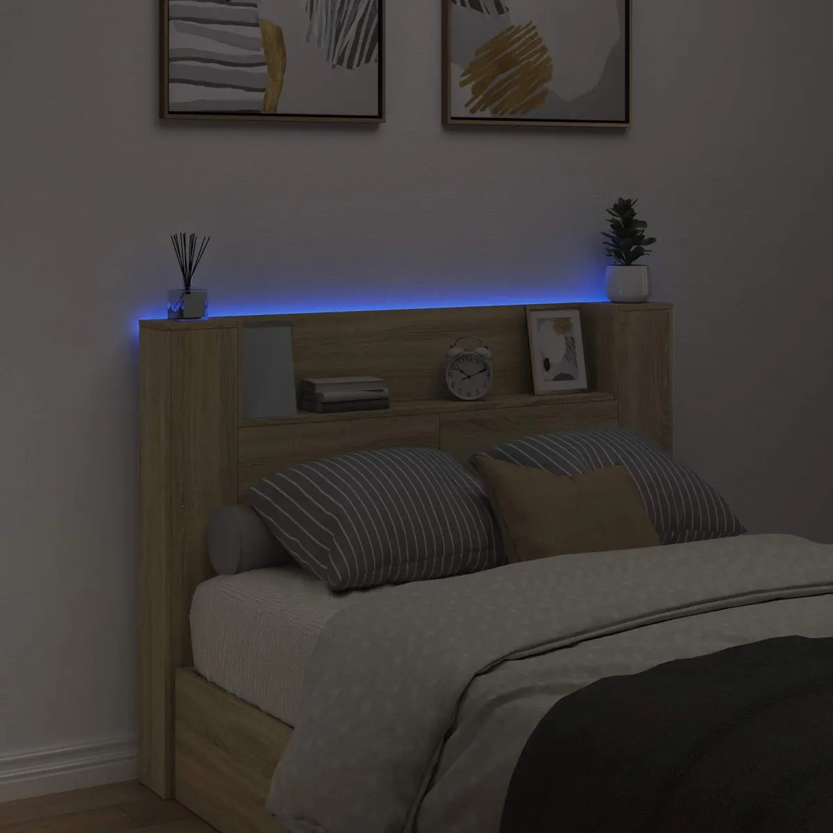 Brown Engineered Wood Storage Headboard with LED Lighting