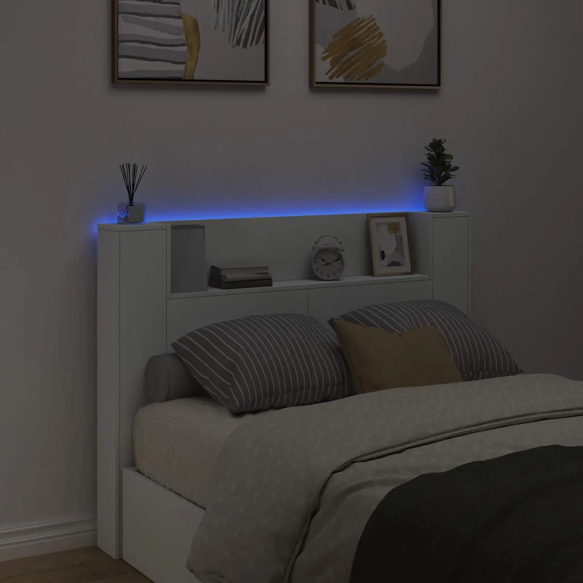 Storage Headboard with RGB LED Lights in White