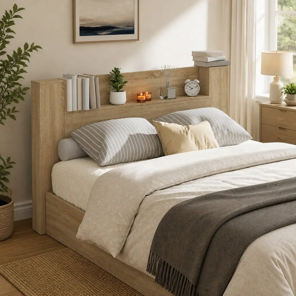 LED Light Storage Headboard in Brown Engineered Wood