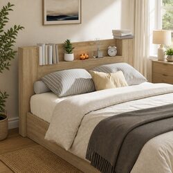 LED Light Storage Headboard in Brown Engineered Wood