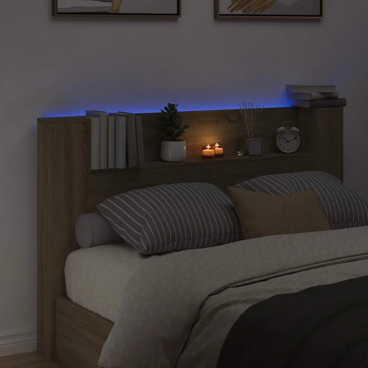 LED Light Storage Headboard in Brown Engineered Wood