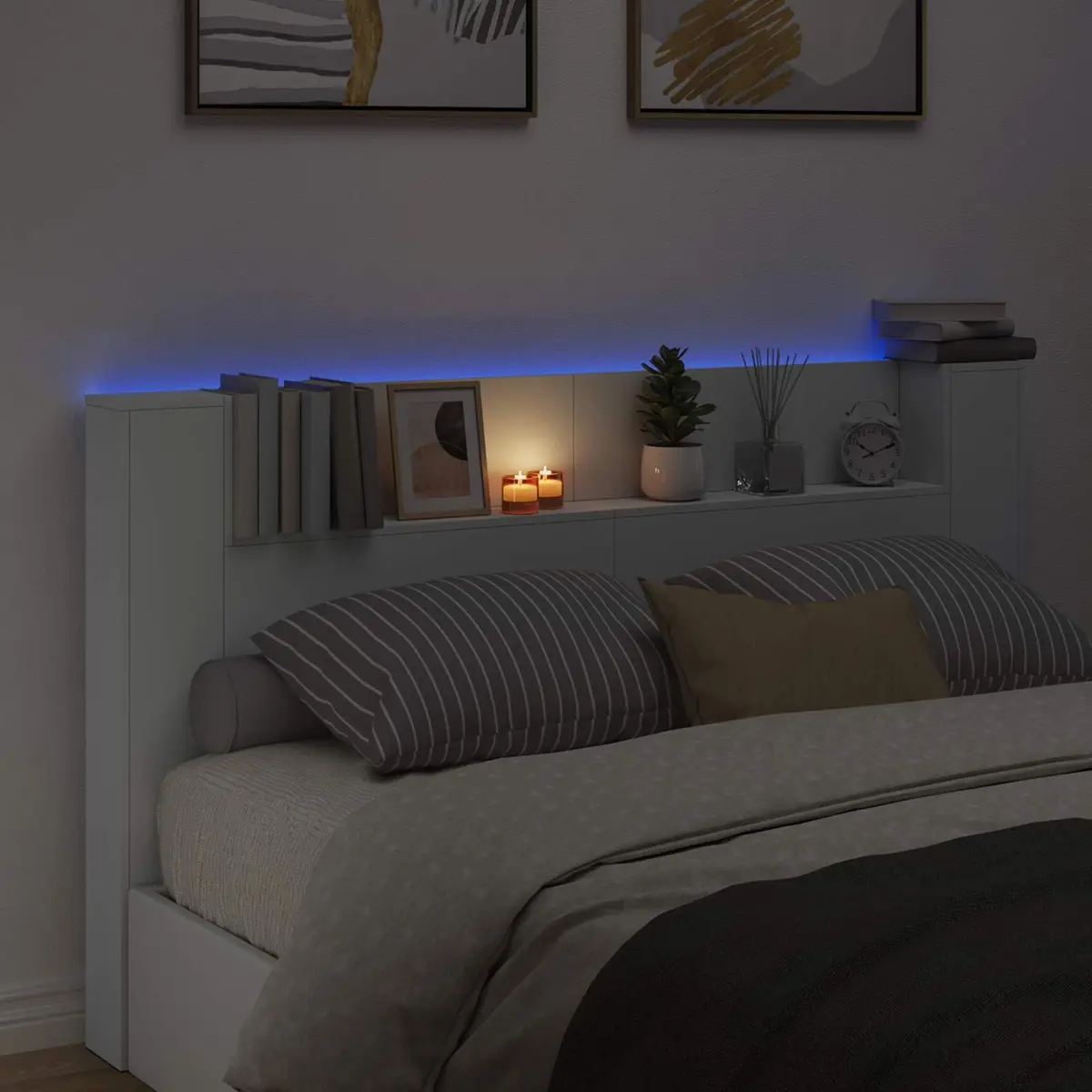 White Storage Headboard with RGB LED Lights Built-in Shelf Bedroom Furniture