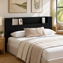 Black Engineered Wood Storage Headboard with RGB LED Lights