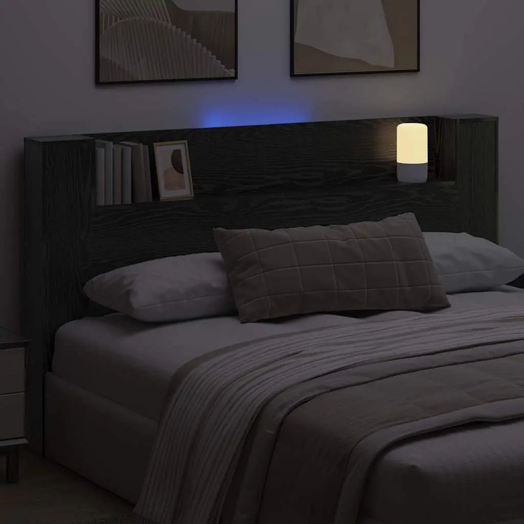 Black Engineered Wood Storage Headboard with RGB LED Lights