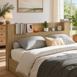 Storage Headboard with LED Lights Brown Engineered Wood Bedroom Shelf