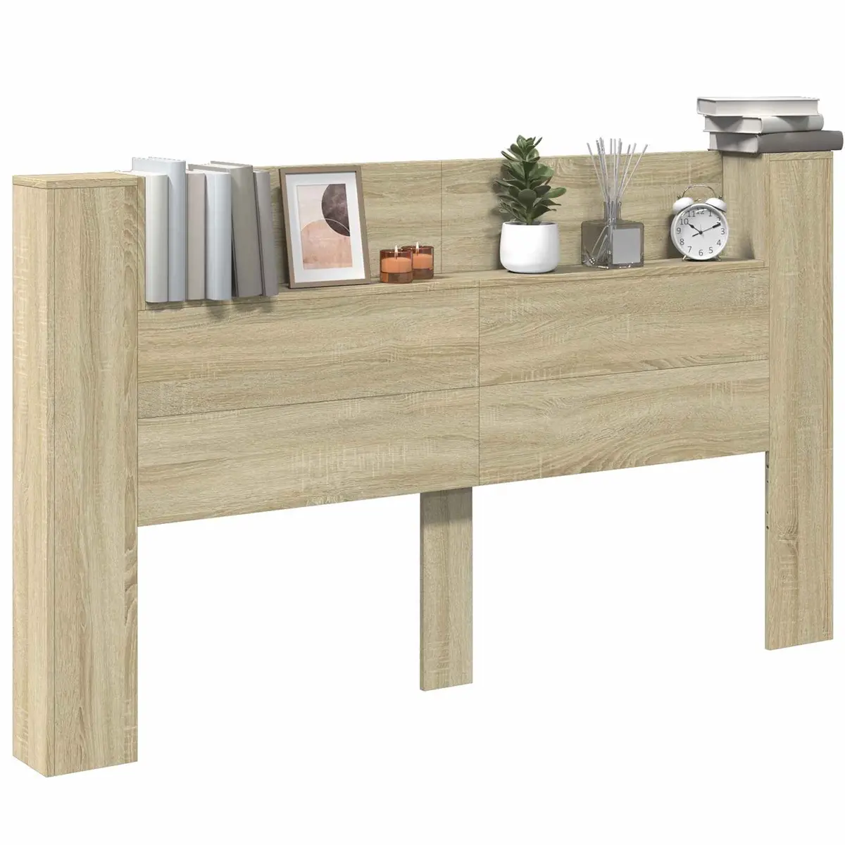 Brown Engineered Wood Storage Headboard with LED Lights