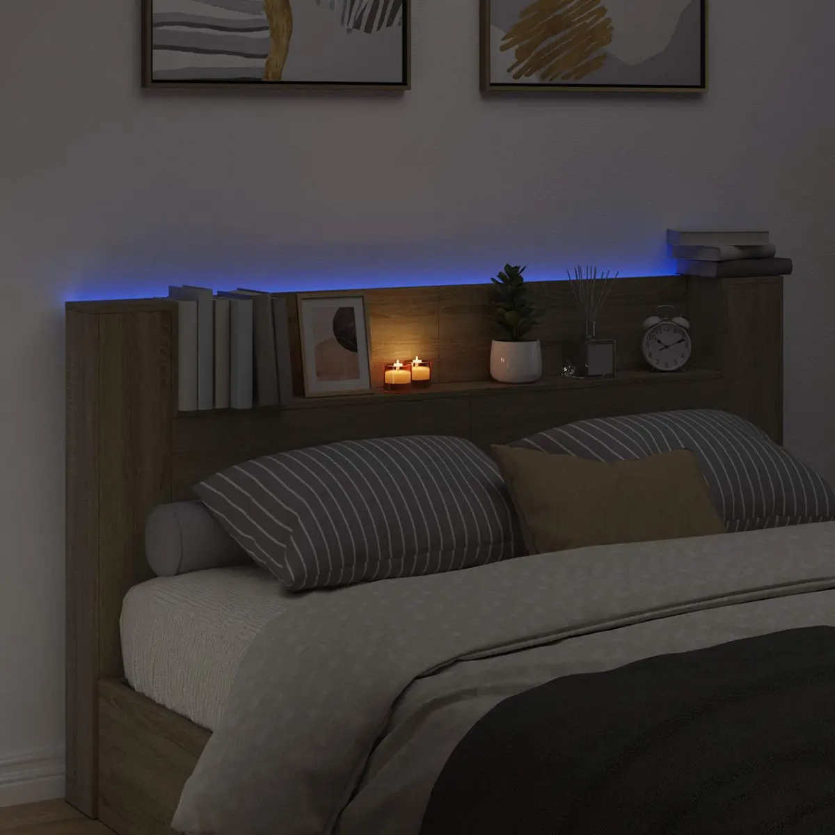Brown Engineered Wood Storage Headboard with LED Lights