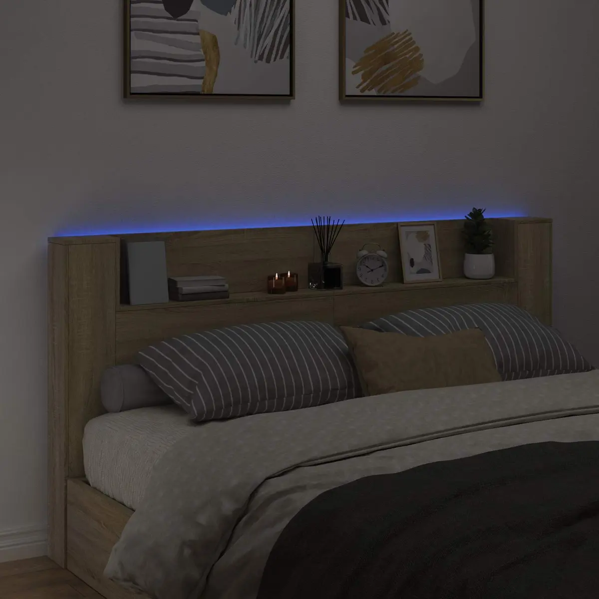 RGB LED Storage Headboard in Sonoma Oak
