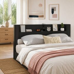 Storage Headboard with RGB LED Lights Bedroom Shelf Black Engineered Wood