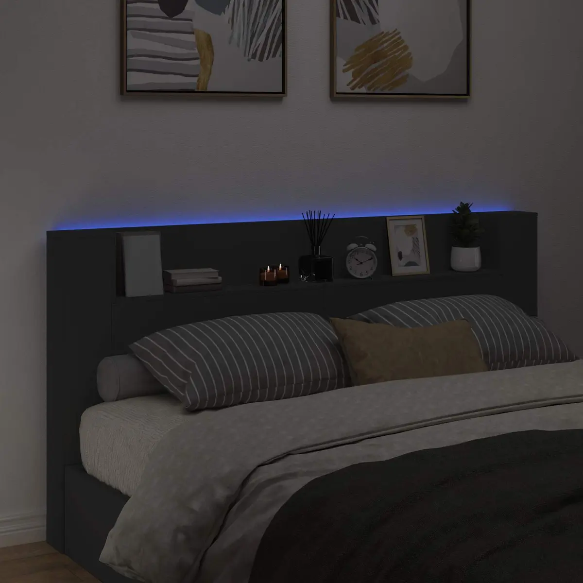 Storage Headboard with RGB LED Lights in Black