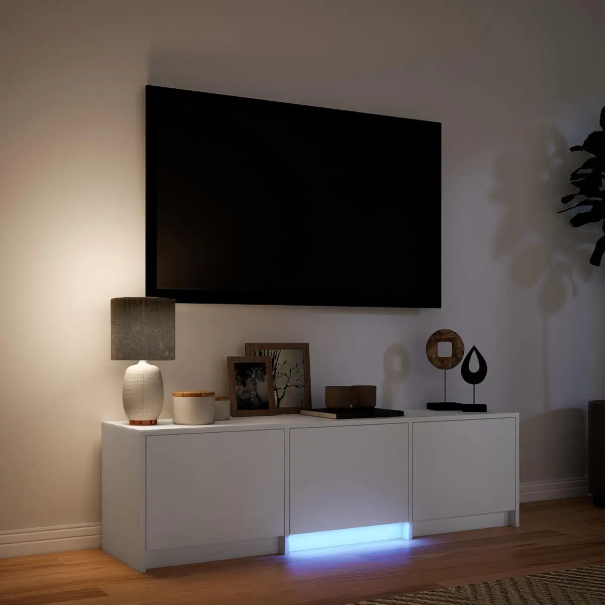White TV Cabinet with LED Lighting Storage Unit