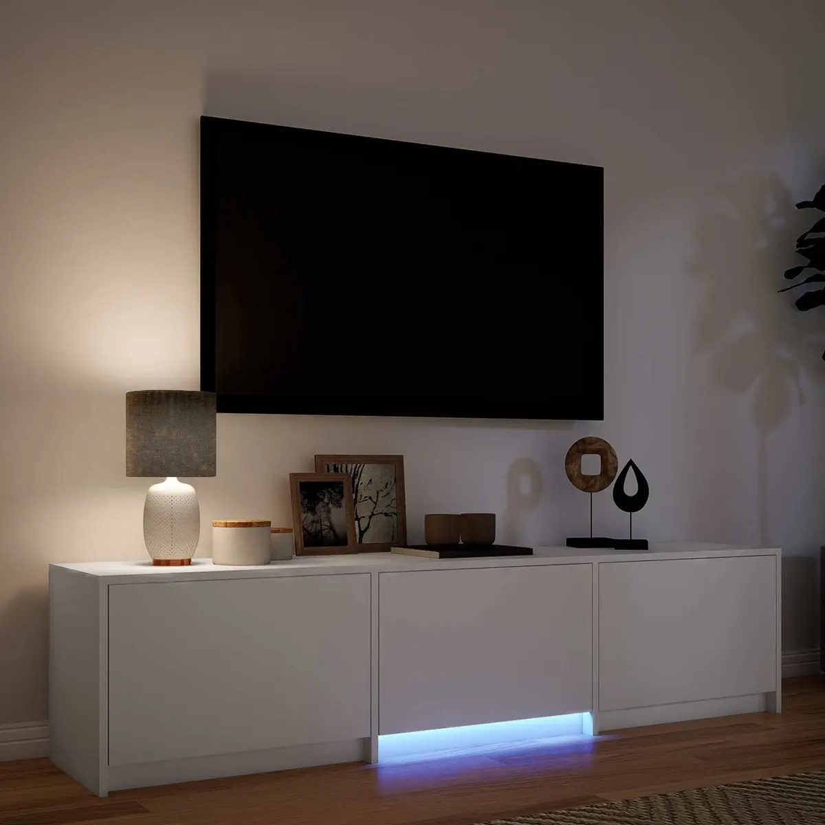 TV Cabinet Engineered Wood 165cm White with LED Lights