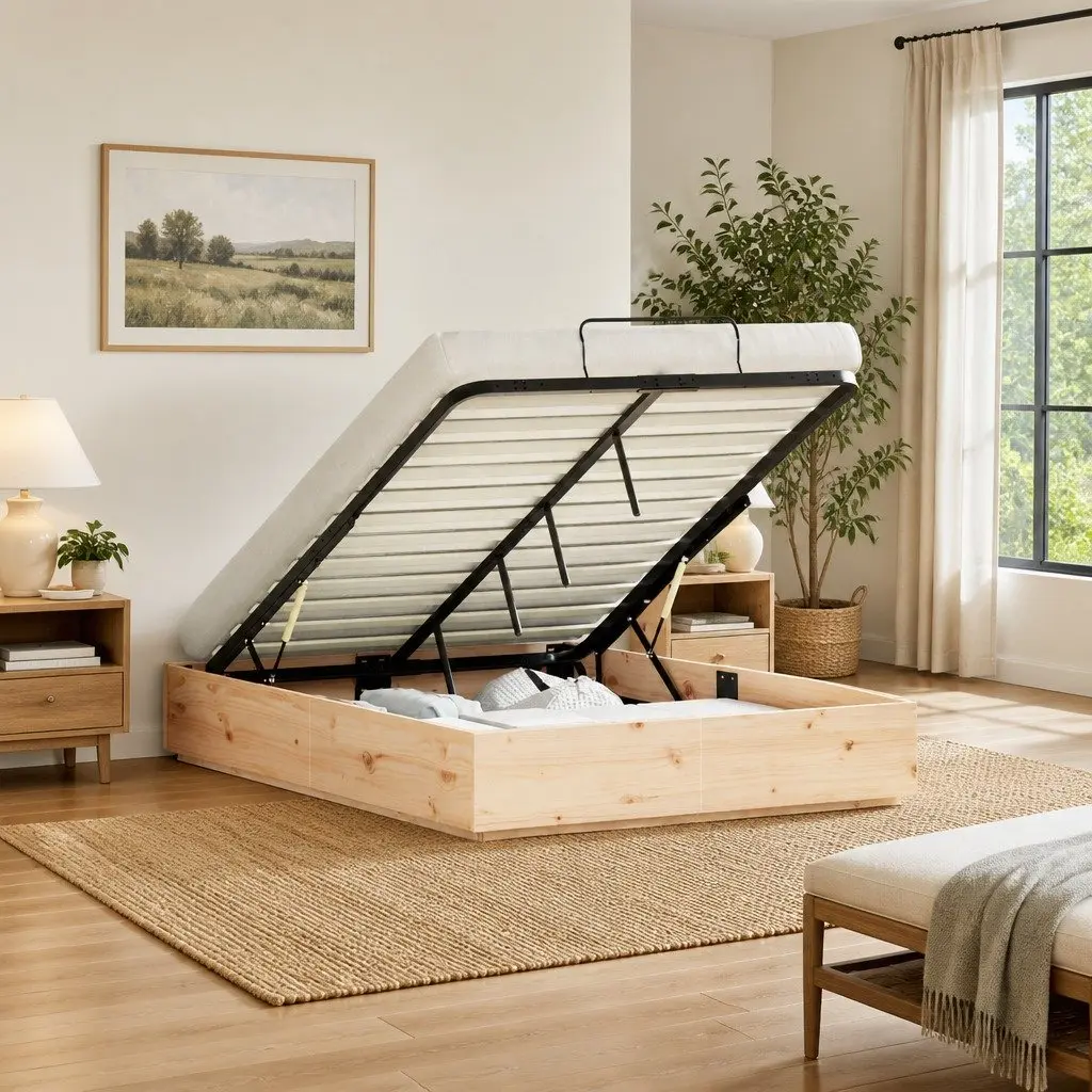 Ottoman Bed Frame with Storage in Brown Pine