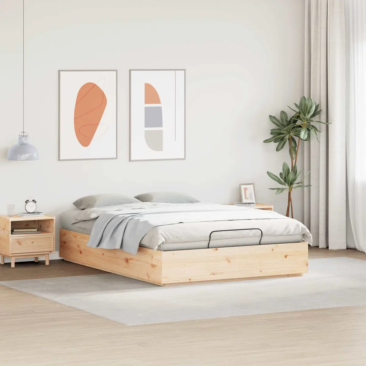 Ottoman Bed Frame with Storage in Brown Pine