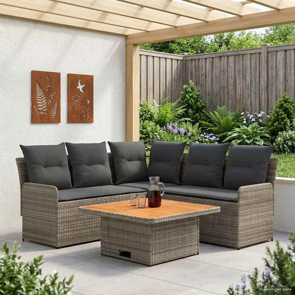 4-Piece Patio Lounge Set with Cushions in Grey Rattan