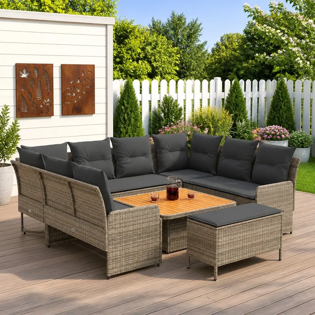 7 Piece Grey PE Rattan Sofa Set with Cushions