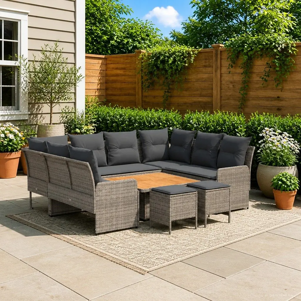 Outdoor Furniture Set PE Rattan Solid Acacia Wood 8 Piece Sofa with Cushions Grey