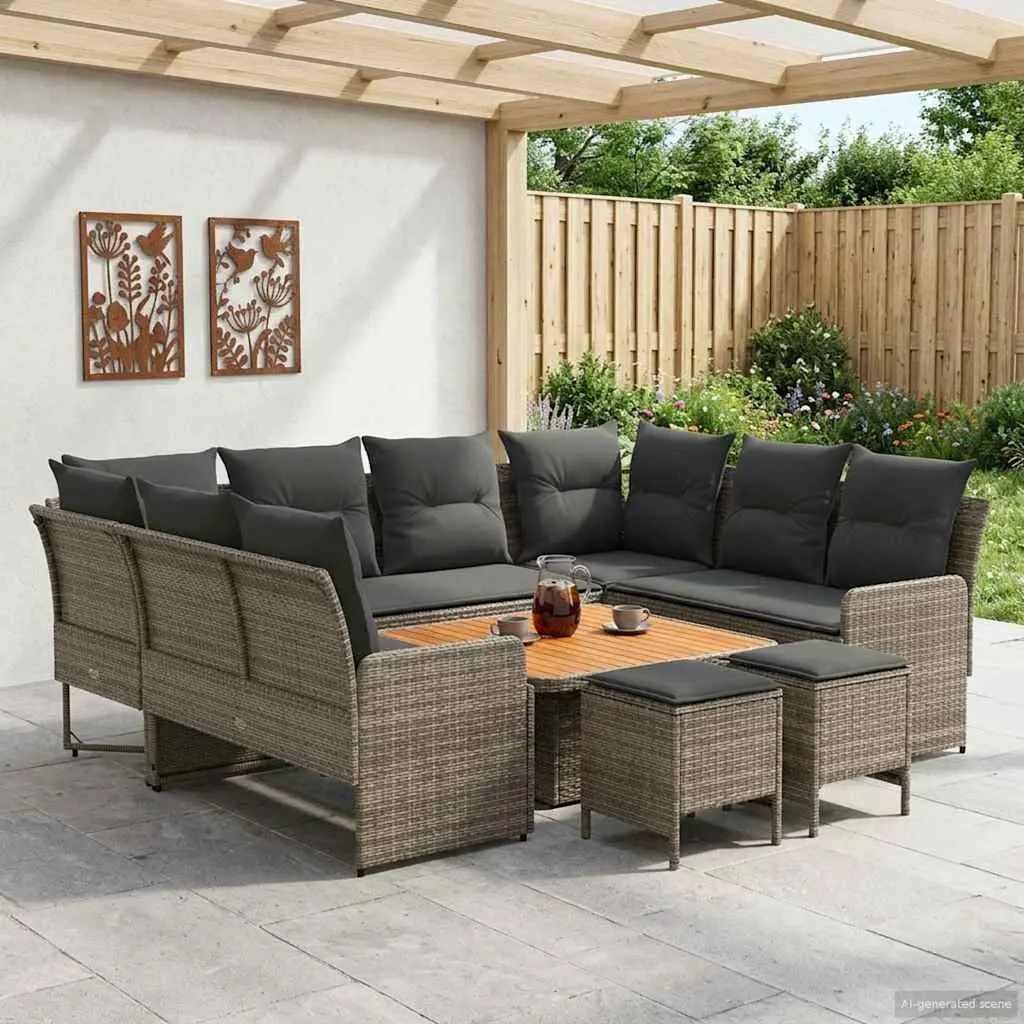 Outdoor Furniture Set PE Rattan Solid Acacia Wood 8 Piece Sofa with Cushions Grey