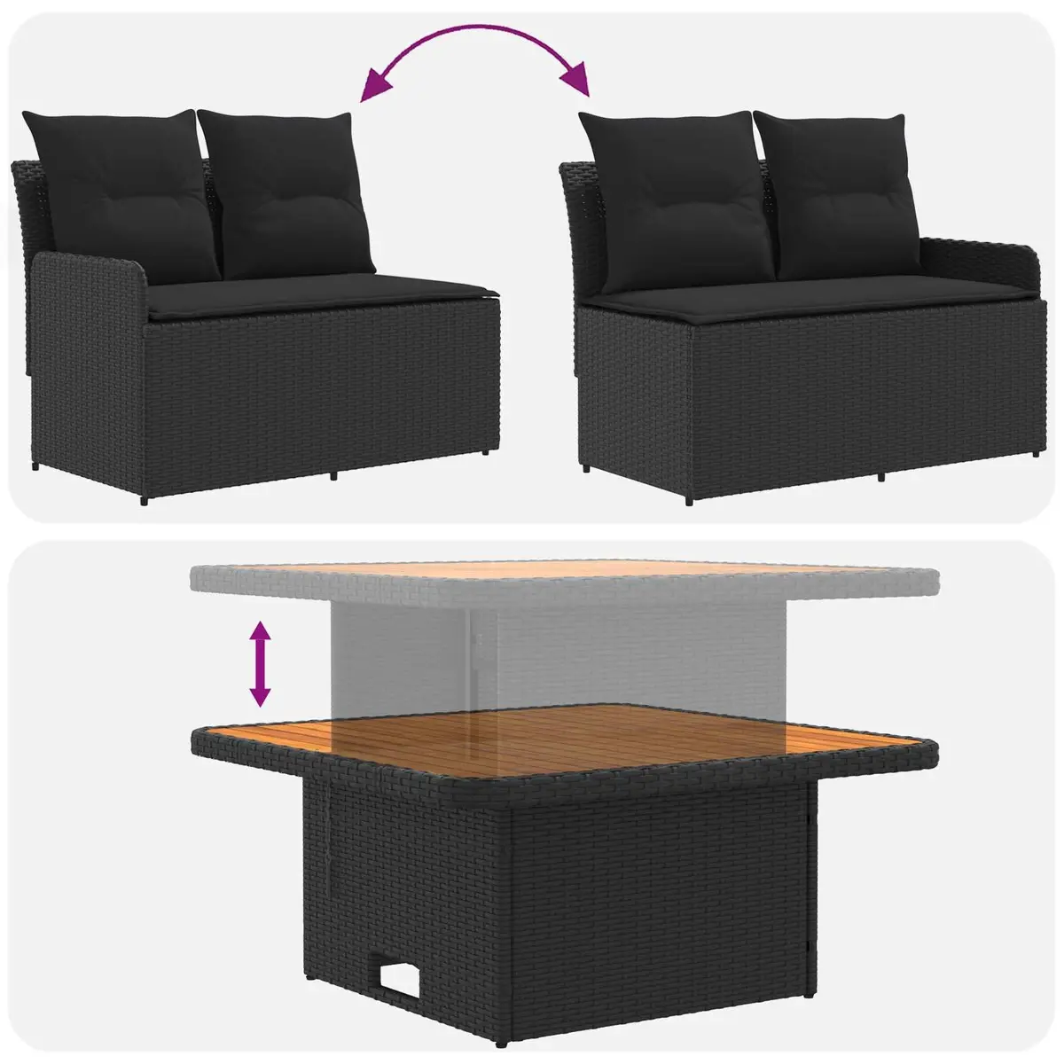 5 Piece Lounge Set Black PE Rattan Sofa with Cushions Acacia Wood for Indoor and Outdoor Use