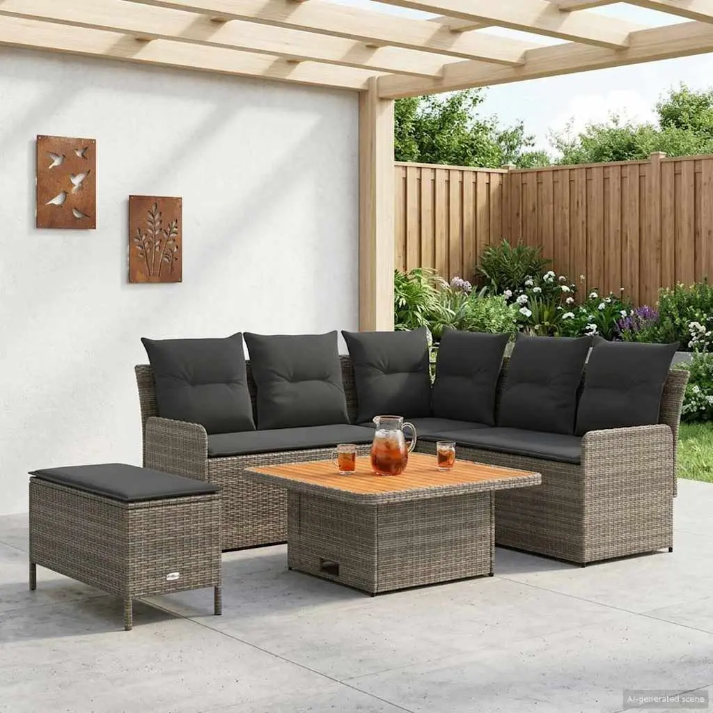 5 Piece Outdoor Indoor Furniture Set PE Rattan Acacia Wood Grey